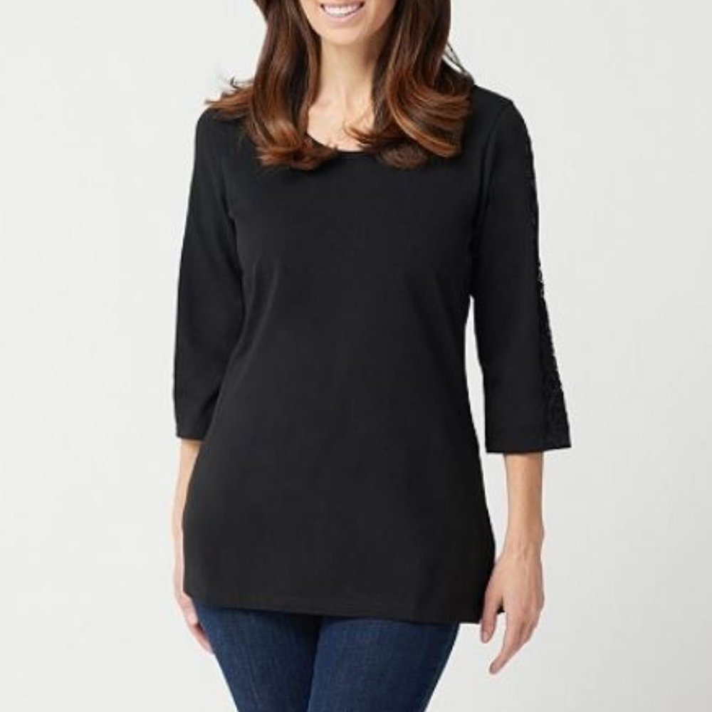Denim & Co Jersey 3/4-Sleeve Tunic with Lace Trim  10517